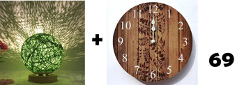 Rattanowa lampka zielona + Drewnany zegar ścienny