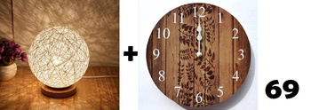 Rattanowa lampka jasna + Drewnany zegar ścienny
